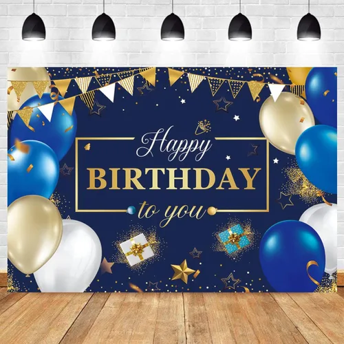 Miniatura 6 de Telón de fondo de feliz cumpleaños para hombres, azul marino, dorado, regalo de cumpleaños, bandera de estrella, globo, fondo de globo, para niños