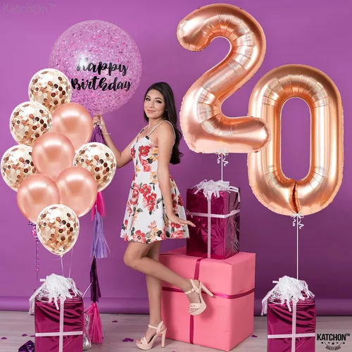 Miniatura 7 de KatchOn, Globos de oro rosa con el número 20 de 40 pulgadas, paquete de 12, 20 globos con confeti, bonitas decoraciones de cumpleaños de 20 años