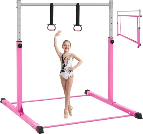 Miniatura 8 de Safly Fun Gymnastics Bar for Kids Ages 3-15 Sturdy Steel Home Gym, Adjustable Height (3 to 5 ft) with Anti-Slip Base, Easy Assembly Rosa
