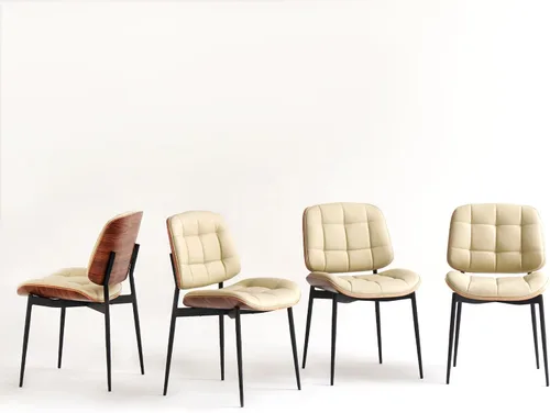Miniatura 7 de GrandNoor Sillas de Comedor Modernas de Mediados de Siglo con Respaldo de Veta de Nogal, Sillas de Comedor de Cuero Sintético Beige Juego de 2