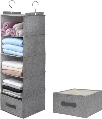 Miniatura 17 de Organizador colgante grande de suéter para armario, estantes colgantes plegables de 6 estantes con cajones, lavable (beige, 6 estantes)