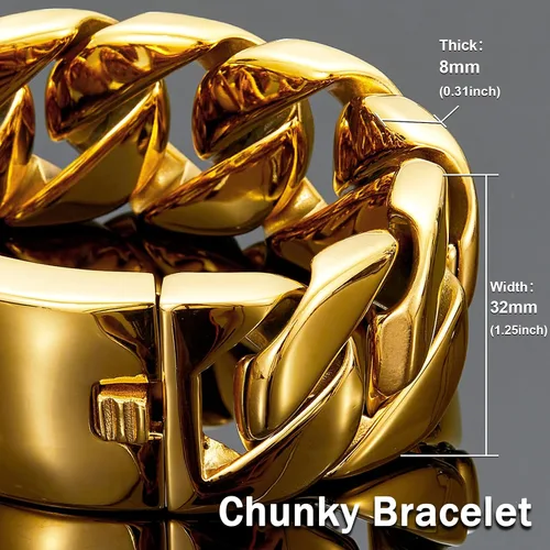 Miniatura 3 de AYiFFWTEO Collar de Pulsera de Cadena de Oro de 32mm de Ancho, Cadena de Oro Pesada con Caja, Chapado en Oro de 18K, Acero Inoxidable 316L, Cadena