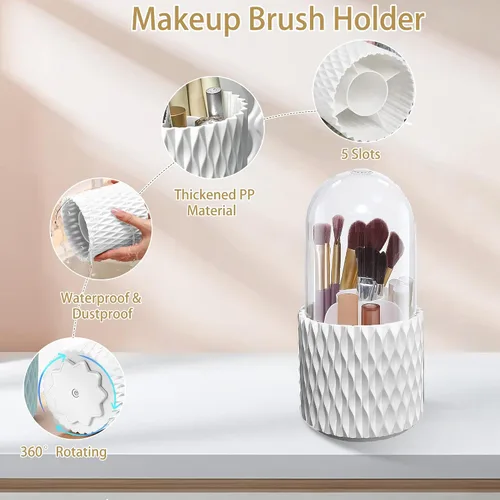 Miniatura 2 de VORA Soporte para brochas de maquillaje, organizador de brochas de maquillaje giratorio de 360° con 5 ranuras, soporte para brochas de maquillaje