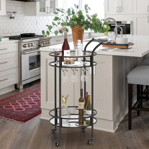 Miniatura 4 de Carrito redondo negro con 2 estantes de espejo, estante para vino y ruedas con cerradura, adecuado para cocina del hogar, club, sala de estar