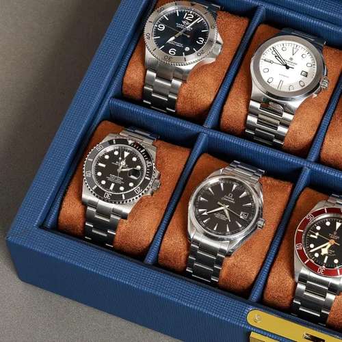 Miniatura 5 de ROTHWELL Caja de reloj de cuero con 10 ranuras, organizador de joyas de lujo, soporte para reloj con tapa de cristal grande, organizador de caja