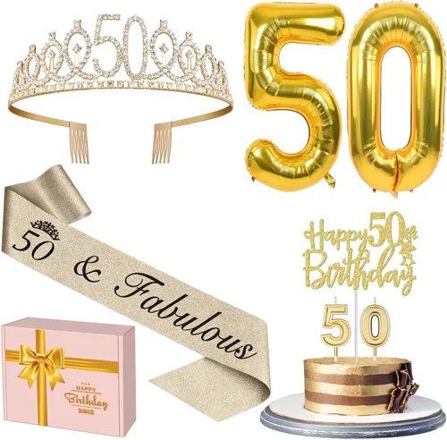 Decoraciones de 50 cumpleaños para mujer en oro con banda y tiara de 50 cumpleaños, adorno para pastel y velas, globos numerados, regalos para