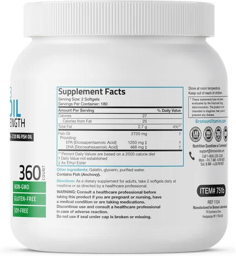 Miniatura 2 de Suplemento de aceite de pescado con Omega 3 de triple fuerza, 0,096 oz, 1250 EPA 488 DHA, sin OGM, sin gluten, el suplemento más potente con Omega 3