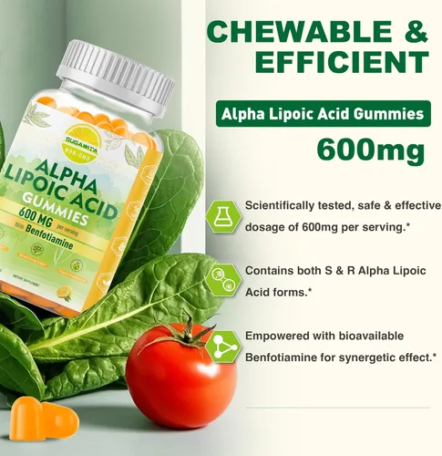 Miniatura 4 de Gomitas de ácido alfa lipoico, 2 paquetes, veganas, sin azúcar, suplemento de 600 mg de ALA, ácido alfa lipoico puro de 600 mg con benfotiamina