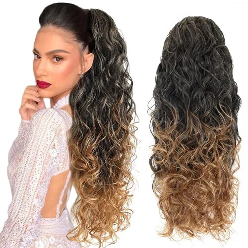 Miniatura 8 de Extensión de cola de caballo larga con cordón sintético de 26 pulgadas, moño rizado 4# Clip en extensión de pelo para mujer