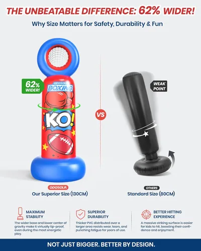 Miniatura 8 de ODOSOLA Saco de boxeo inflable para niños, bolsa de boxeo independiente 2 en 1 con juego de lanzamiento de fútbol, juguete de karate taekwondo