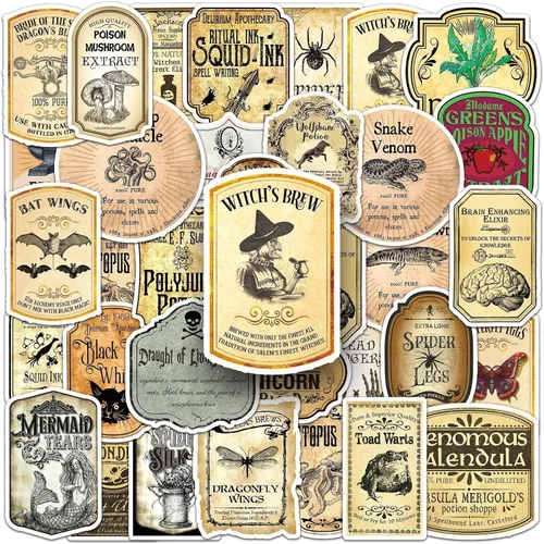 50 etiquetas mágicas de poción – Etiquetas vintage para botellas de poción, calcomanías de botellas de vino de Halloween, calcomanías de regalo de