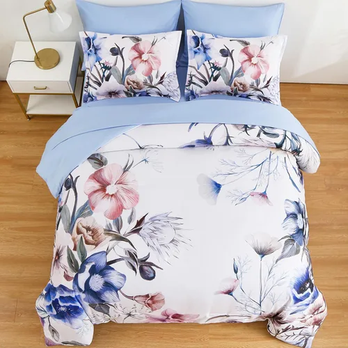 Miniatura 3 de Luxudecor Juego de edredón floral tamaño King de 7 piezas, cama de flores azules en una bolsa, elegante edredón floral con juego de sábanas, juego
