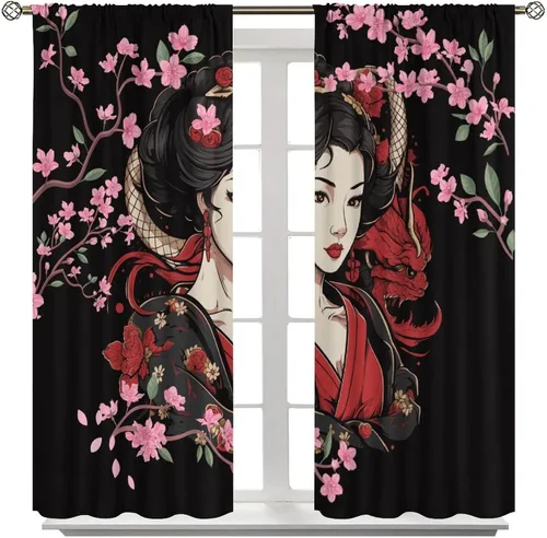 Miniatura 5 de Cortinas de geisha japonesas, flores rosas, ramas de árbol, sexy, glamour, para mujer, encantador, estética, oriental, con bolsillo para barra