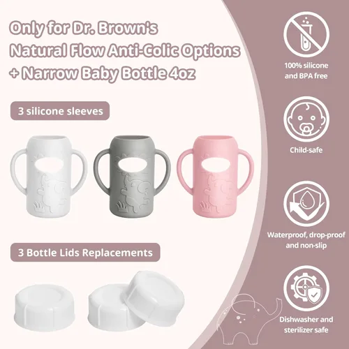Miniatura 3 de Paquete de 3 fundas de silicona para biberones de vidrio natural Dr. Brown, soporte para biberones de grado alimenticio antiroturas con asas y 3