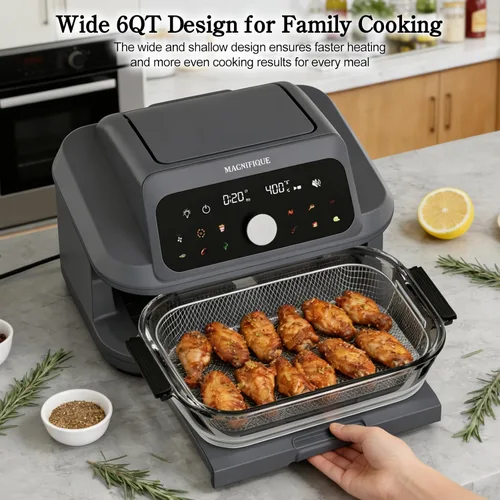 Miniatura 2 de MAGNIFIQUE - Freidora de aire de 6 cuartos de galón de gran capacidad, horno freidora de aire de vidrio no tóxico, pantalla táctil digital 12 en 1