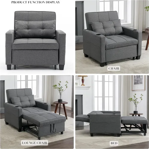 Miniatura 5 de Silla cama cama convertible ajustable con almohada, silla extraíble con puertos USB, antiarañazos, para sala de estar, dormitorio, apartamento, Lino