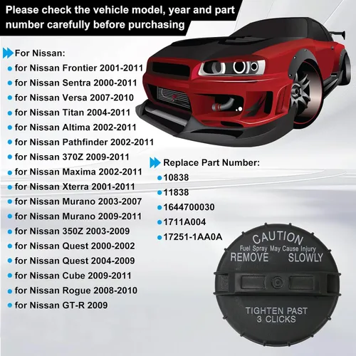 Miniatura 2 de Tapa de tanque de combustible 10838, Compatible con Nissan Frontier 2001-2011 Sentra 2000-2011 Xterra 2001-2011 GT-R 2009 Versa Titan Altima