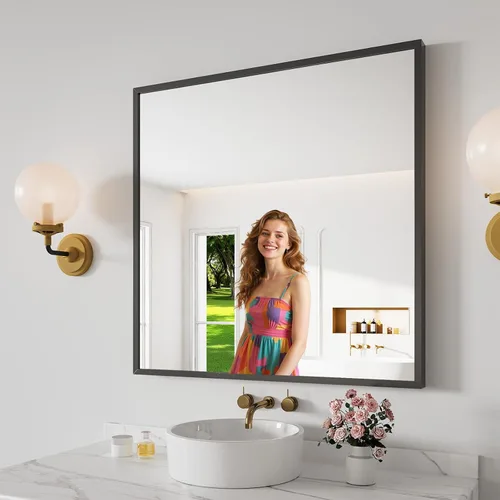 Miniatura 38 de Koonmi Espejo de baño, 30 x 30 pulgadas, espejo con marco de metal negro para baño, vidrio templado, antioxidante, espejo rectangular redondeado
