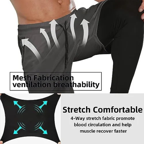 Miniatura 4 de OEBLD Pantalones deportivos 2 en 1 para hombre, de secado rápido, pantalones cortos de entrenamiento para gimnasio, pantalones de compresión
