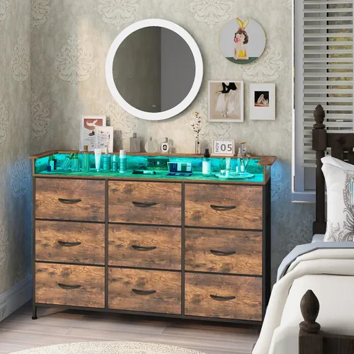 Miniatura 10 de EXOTICA Cómoda con estación de carga, 9 cajones para dormitorio con luces LED, cómoda de tela alta y ancha para armario, pasillo, entrada, marco