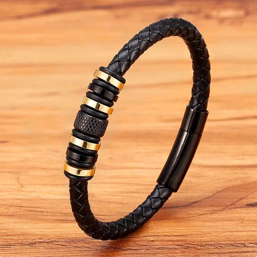 Miniatura 4 de NAIQUBE Mens Leather Bracelet Stainless Steel Wristband Cuff Braided Leather Bracelet For Men Birthday Jewerly Gift 8.26 inch