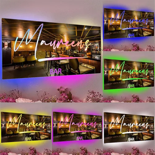 Miniatura 7 de Espejo de barra de nombre LED personalizado, letreros de neón iluminados para decoración de pared para bar en casa, día de San Valentín y regalos