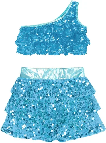 Miniatura 91 de JEATHA Top corto con borlas y lentejuelas brillantes para niñas, con minifalda, jazz latino, salsa, samba, rumba, baile