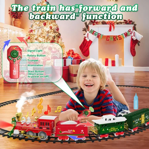 Miniatura 3 de Hot Bee Juego de tren de Navidad con control remoto, juguetes de tren con humo, luces y sonido, juegos de tren de Navidad para alrededor del árbol