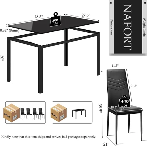 Miniatura 7 de NAFORT Juego de mesa de comedor para 4, mesa rectangular de vidrio templado de 48.5 pulgadas con 4 sillas de comedor de piel sintética negra, mesas