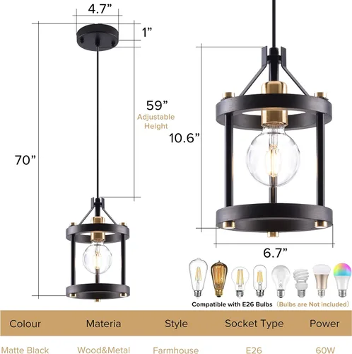 Miniatura 2 de MO&OK Juego de lámparas de araña de 3 luces vintage, lámparas colgantes de metal y madera estilo granja en negro, iluminación colgante de estructura