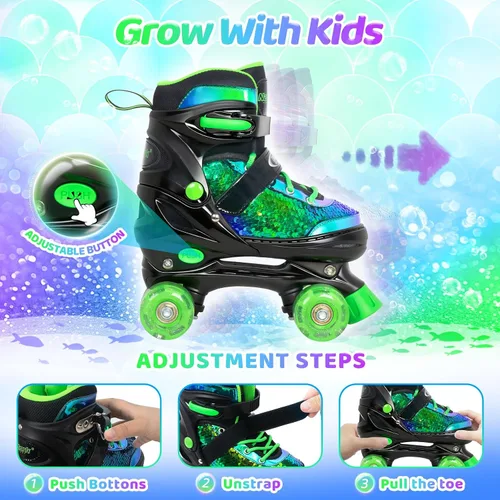 Miniatura 3 de Nattork Patines de ruedas para niños y niñas, 4 tamaños ajustables, patines cuádruples con lentejuelas y todas las ruedas iluminadas para niños