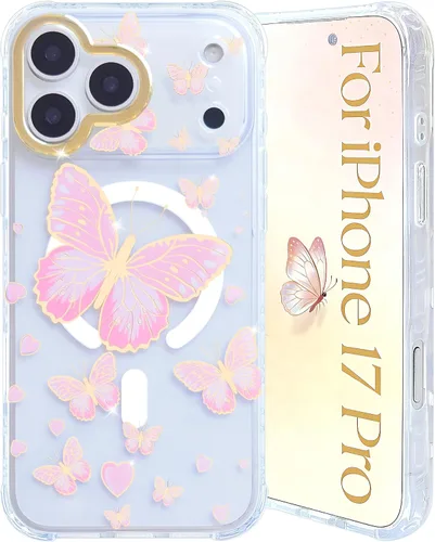Miniatura 20 de Funda transparente con chispas brillantes para iPhone 15 Pro Max para mujeres y niñas, patrón de mariposas doradas, rosa y azul, funda protectora