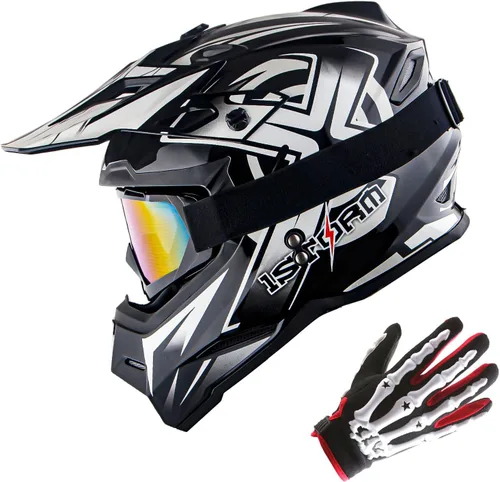Miniatura 9 de 1Storm Casco de Motocross para Jóvenes Niños BMX MX Casco de Bicicleta Adolescente Estilo de Carreras; Azul de Carreras + Gafas + Paquete de Guantes