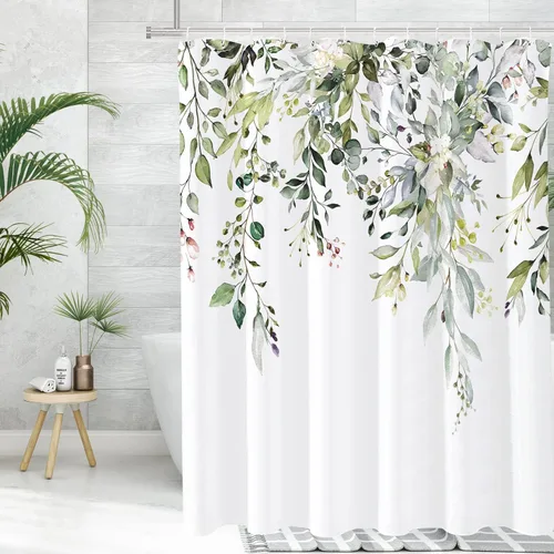 Miniatura 3 de Tititex Cortina de Ducha de Eucalipto Verde Salvia, Hojas de Acuarela en la Parte Superior Planta con Decoración Floral de Baño Conjuntos de Cortina