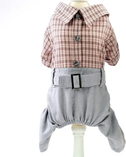 Miniatura 9 de SMALLLEE_Lucky_Store Camisas de algodón a cuadros británicos con botones para perros pequeños, niños con cinturón, pantalones casuales para Verde