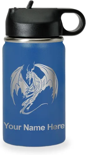 Miniatura 62 de LaserGram Botella de agua con tapa abatible de doble pared de 12 onzas con pajilla, dragón, grabado personalizado incluido (negro)