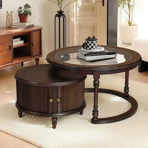Miniatura 10 de LKTART Mesa auxiliar anidable para sala de estar, mesas de centro redondas de madera maciza de vidrio templado con almacenamiento, mesa central
