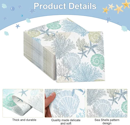 Miniatura 3 de Funrous 200 servilletas de papel costeras de 3 capas de servilletas de playa oceánica, conchas marinas, coral, toallas de papel náuticas