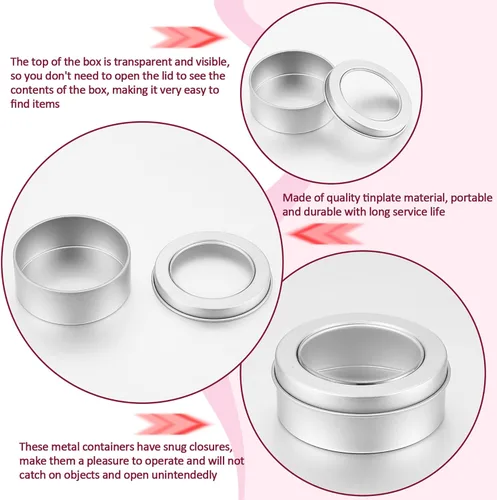 Miniatura 2 de TecUnite Paquete de 100 latas de metal de 2 onzas redondas vacías con tapa transparente para cocina, oficina, velas, dulces