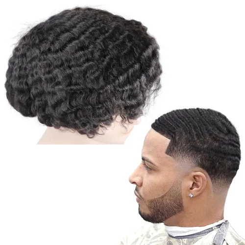 Miniatura 22 de Pelucas Afro Rizadas Toupé para Hombres Pelucas para Hombre Afroamericano Negro Unidad de Cabello Masculino Negro Rizado Afro Tejido Masculino