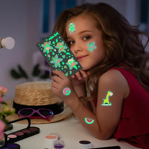 Miniatura 4 de 380 Estilos (30 Hojas) Tatuajes Luminosos para Niños, Adhesivos de Tatuajes Temporales de Estilos Variados con Sirena/Dinosaurio/Espacio/Unicornio
