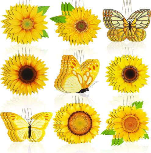 Amyhill Juego de 27 adornos de árbol de madera de girasol de verano, decoración colgante de árbol de mariposa con cuerda colgante, etiqueta colgante