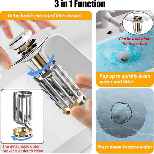 Miniatura 4 de Anlige Colador de drenaje para lavabo de baño, 2PCS Tapón emergente 3 en 1 para lavabo de baño con cesta de latón extraíble atrapa cabellos, tapón