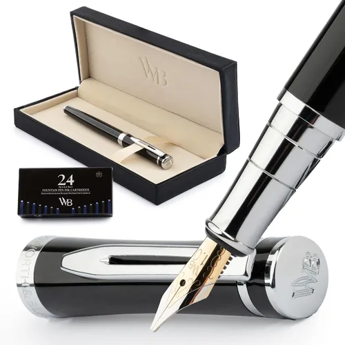Miniatura 42 de Conjunto de pluma estilográfica Wordsworth & Black, plumín extra fino dorado de 18 quilates, incluye 24 cartuchos de tinta, convertidor de repuesto