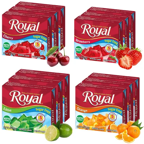Royal Gelatina sin azúcar, paquete variado de 12-3 cajas cada una, fresa, lima, naranja y cereza, para hacer postres de gelatina bajos en