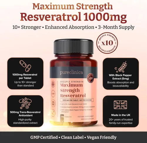 Miniatura 2 de pureclinica 1000 mg de resveratrol x 90 tabletas (suministro de 3 meses). 10 veces de fuerza con extracto de pimienta negra para una absorción más