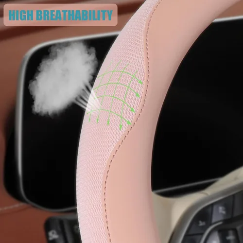 Miniatura 3 de Funda de cuero de napa rosa para volante, de cuero de microfibra avanzada, tela antideslizante y transpirable, cálida en invierno y fresca
