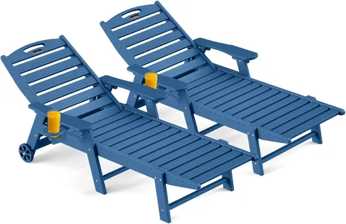 Miniatura 18 de Ciokea Silla de Descanso para Exteriores, Tumbona de Gran Tamaño con 5 Posiciones, HDPE, Silla de Descanso de Patio con Ruedas y Portavasos para Gris