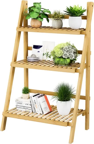 OAKVIVO - Estantería de escalera plegable de 39.4", Estantería de bambú de 3 niveles, para macetas, estante de exhibición en forma de escalera,