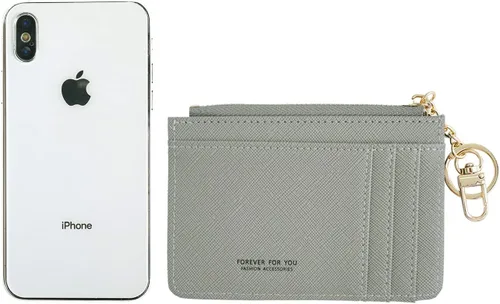 Miniatura 4 de Cartera de cuero delgado minimalista con bolsillo frontal para mujer con ventana de identificación y llavero, Gris, Simple
